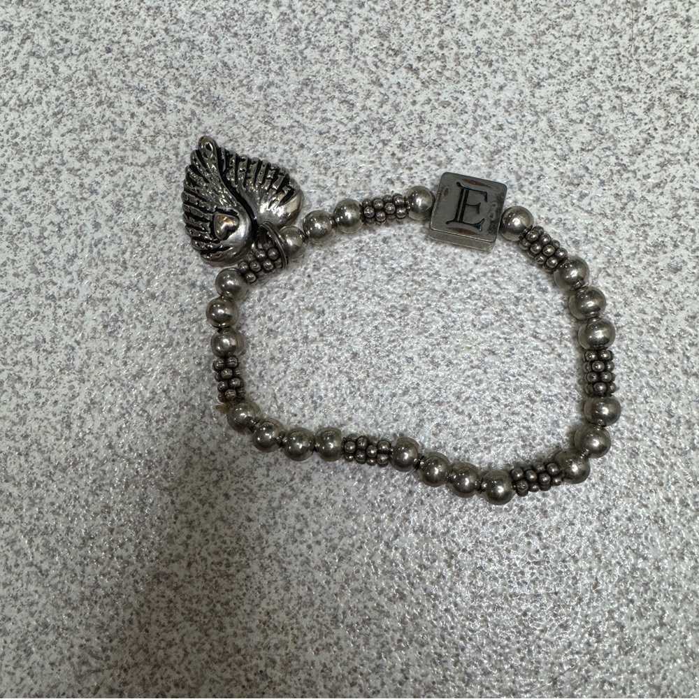 Silver elastic bracelet E charm, heart wings‎ charm